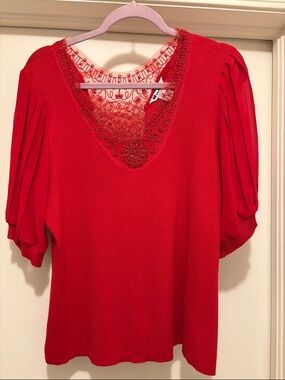 Red Lace-Trim Puff Sleeve Knit Blouse